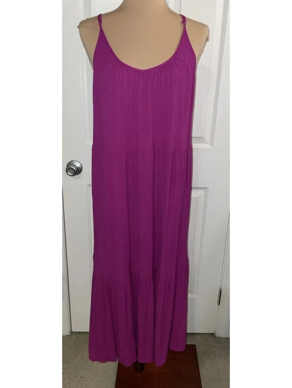 ANN TAYLOR LOFT $89 Solid Pink Fuchsia Tiered Gauze Midi Dress Size Medium
